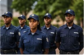 Professional security personnel standing together outside a modern business facility
